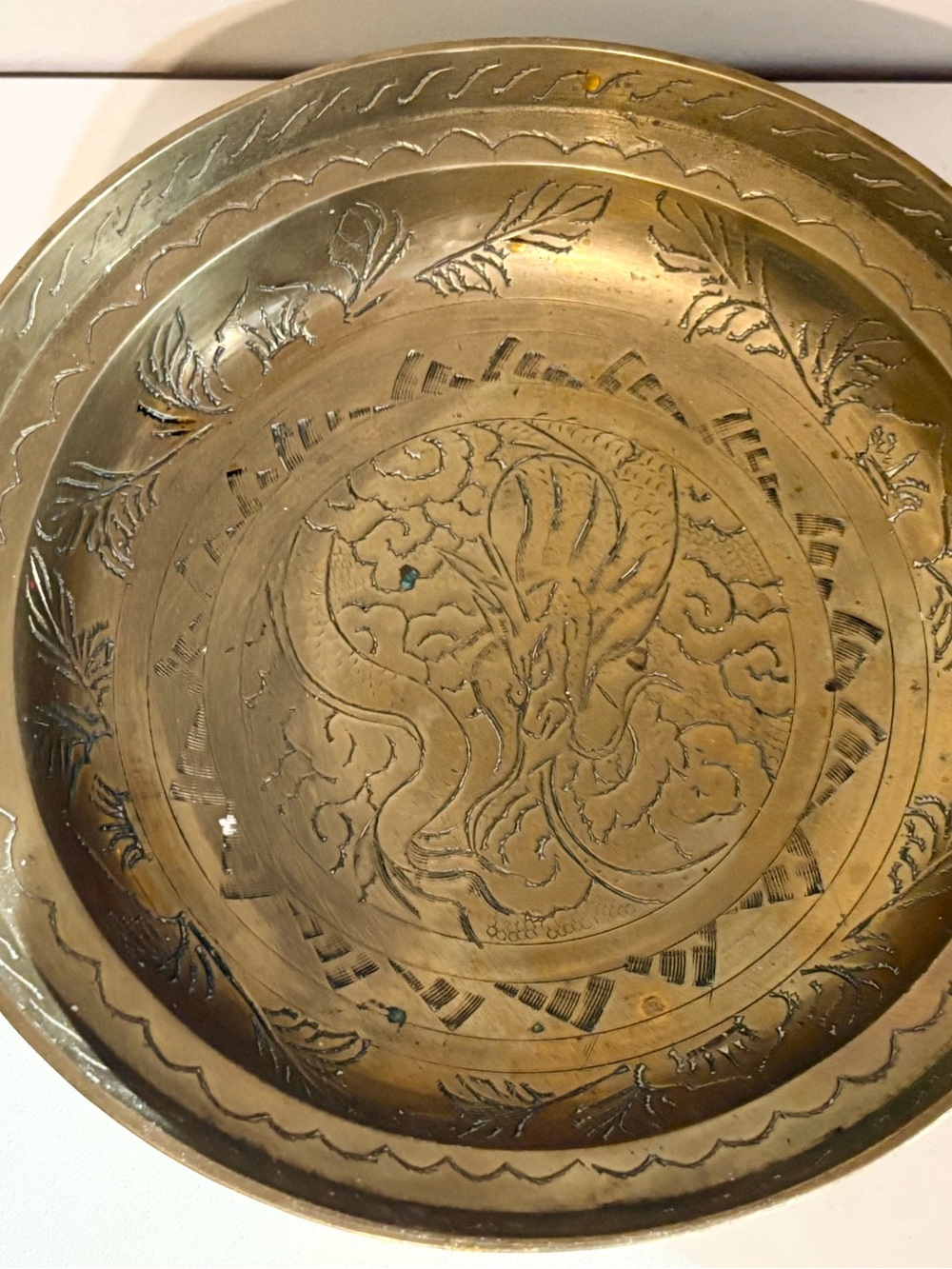 Vintage Solid Brass Etched Dragon Ornate Pedestal Footed Bowl-Mid-Century Modern - Picture 4 of 5
